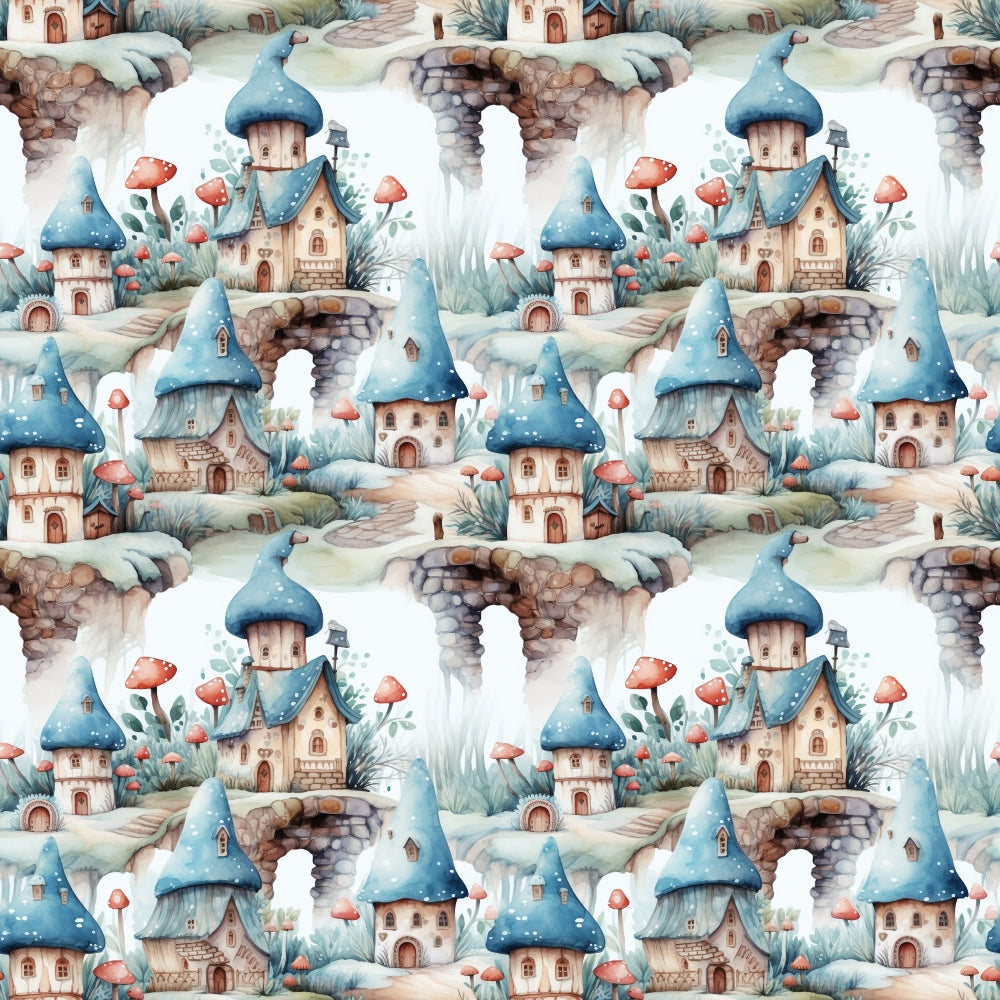 fairy houses, whimsical cottages, blue roofs, mushroom homes, red toadstools, stone bridges, watercolor style, fantasy village, enchanted scene,, fabric panel, soft pastels, cream background, magical dwellings, storybook illustration, repeating pattern, winter scene, snowy landscape, fairy tale motif, children's fabric