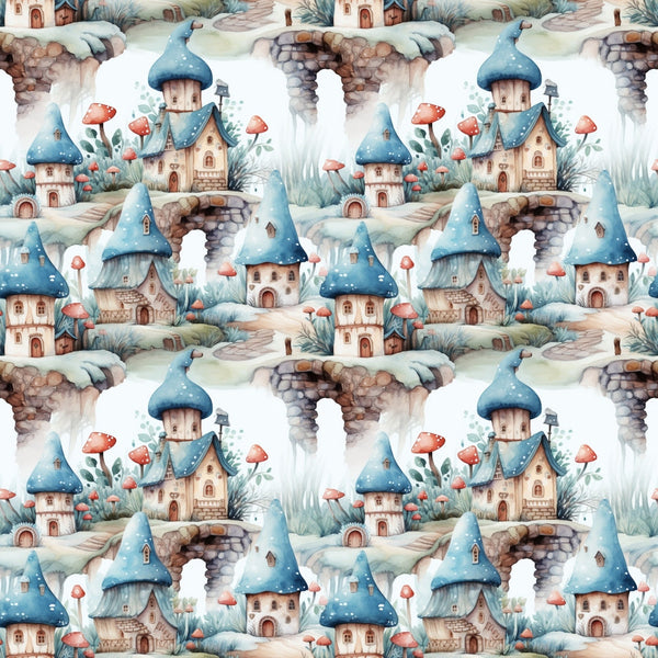 fairy houses, whimsical cottages, blue roofs, mushroom homes, red toadstools, stone bridges, watercolor style, fantasy village, enchanted scene,, fabric panel, soft pastels, cream background, magical dwellings, storybook illustration, repeating pattern, winter scene, snowy landscape, fairy tale motif, children's fabric