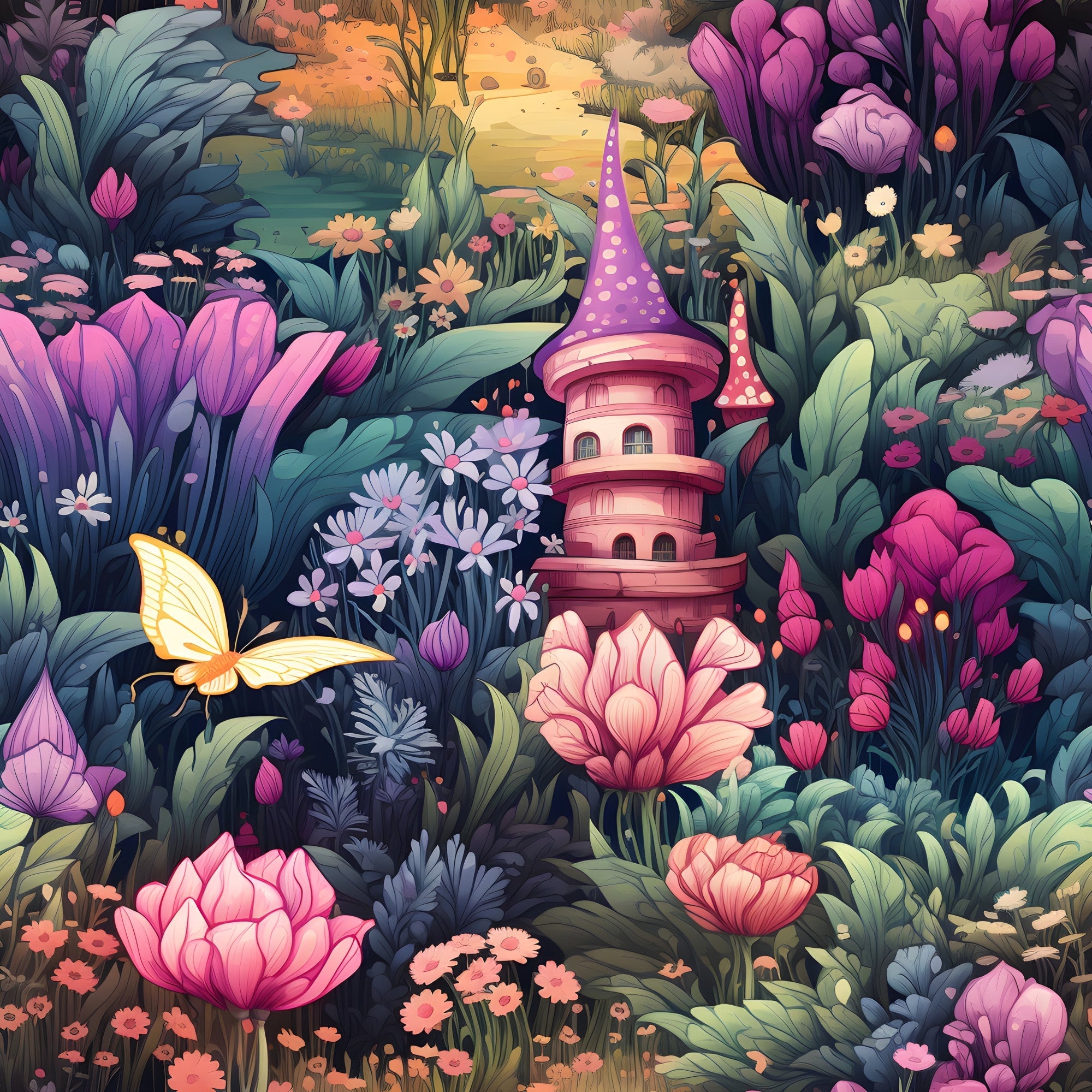 fairy garden, fantasy landscape, magical forest, whimsical tower, castle turret, purple flowers, pink blooms, coral petals, teal foliage, sage green leaves, yellow butterfly, enchanted cottage, polka dot roof,, fabric panel, botanical illustration, storybook style, dreamy atmosphere, floral motifs