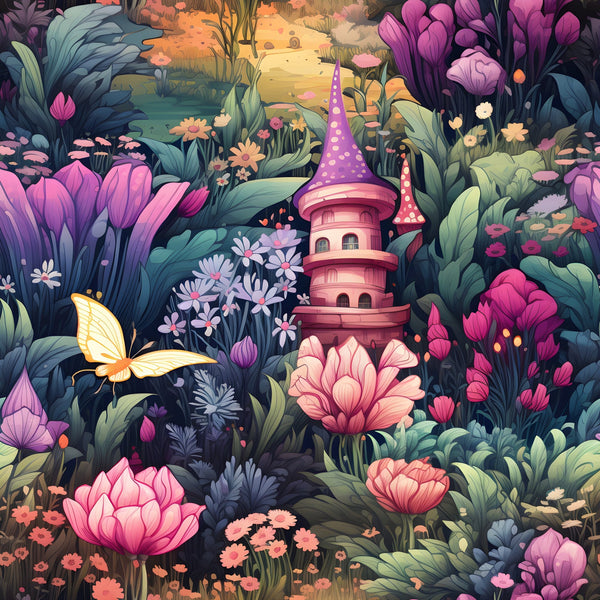 fairy garden, fantasy landscape, magical forest, whimsical tower, castle turret, purple flowers, pink blooms, coral petals, teal foliage, sage green leaves, yellow butterfly, enchanted cottage, polka dot roof,, fabric panel, botanical illustration, storybook style, dreamy atmosphere, floral motifs