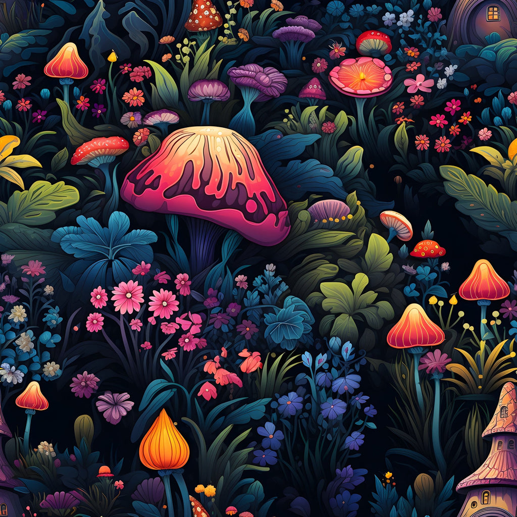 vibrant colors, fantasy mushrooms, whimsical florals, enchanted forest, fairy tale theme,, fabric panel, purple mushrooms, orange toadstools, pink flowers, blue foliage, magical garden, botanical design, colorful fungi, dreamy illustration, nature motifs, children's fabric, craft supplies, sewing material, fairy houses