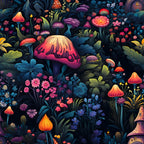 vibrant colors, fantasy mushrooms, whimsical florals, enchanted forest, fairy tale theme,, fabric panel, purple mushrooms, orange toadstools, pink flowers, blue foliage, magical garden, botanical design, colorful fungi, dreamy illustration, nature motifs, children's fabric, craft supplies, sewing material, fairy houses