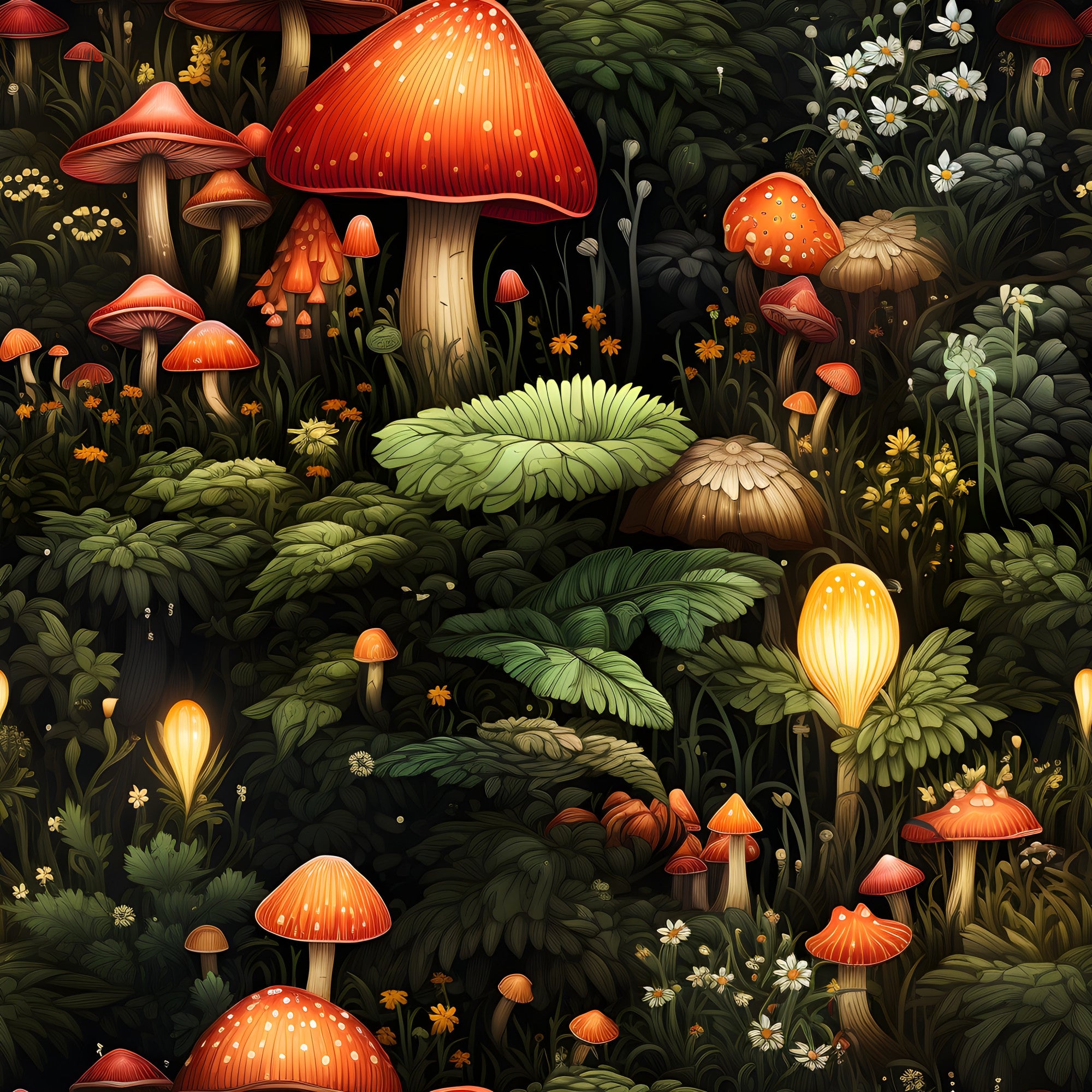 mushrooms, fairy garden, forest scene, red toadstools, orange caps, white spots, green foliage, ferns, small flowers, whimsical illustration, botanical design, woodland theme,, fabric panel, fantasy motif, nature pattern, earthy tones, magical forest, detailed artwork, enchanted garden