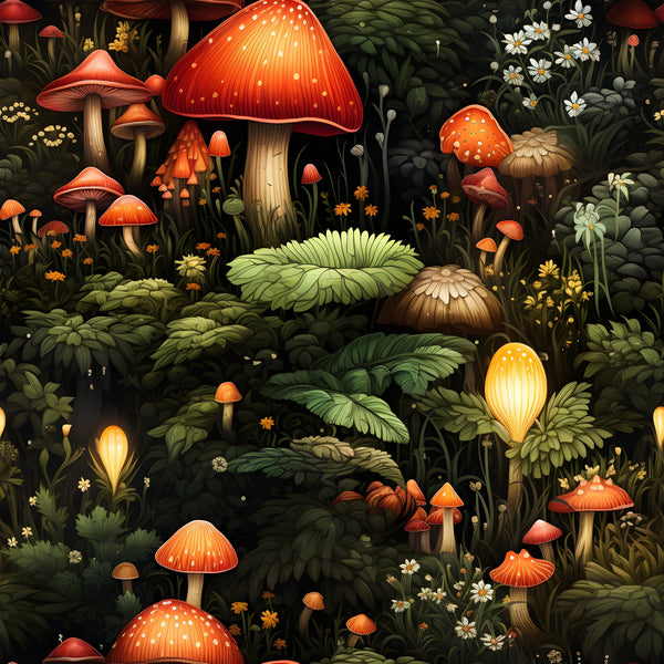 mushrooms, fairy garden, forest scene, red toadstools, orange caps, white spots, green foliage, ferns, small flowers, whimsical illustration, botanical design, woodland theme,, fabric panel, fantasy motif, nature pattern, earthy tones, magical forest, detailed artwork, enchanted garden