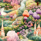 fairy garden, whimsical landscape, pink flowers, purple blooms, coral mushrooms, castle towers, rolling hills, pastel colors, mint green, lavender, peach tones, fantasy scene,, fabric panel, enchanted forest, floral motifs, magical kingdom, soft pastels, dreamy illustration, botanical elements