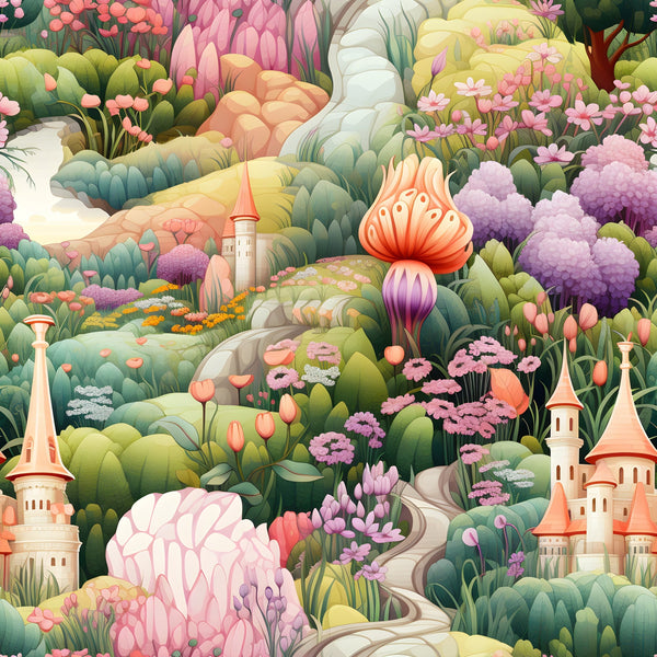 fairy garden, whimsical landscape, pink flowers, purple blooms, coral mushrooms, castle towers, rolling hills, pastel colors, mint green, lavender, peach tones, fantasy scene,, fabric panel, enchanted forest, floral motifs, magical kingdom, soft pastels, dreamy illustration, botanical elements