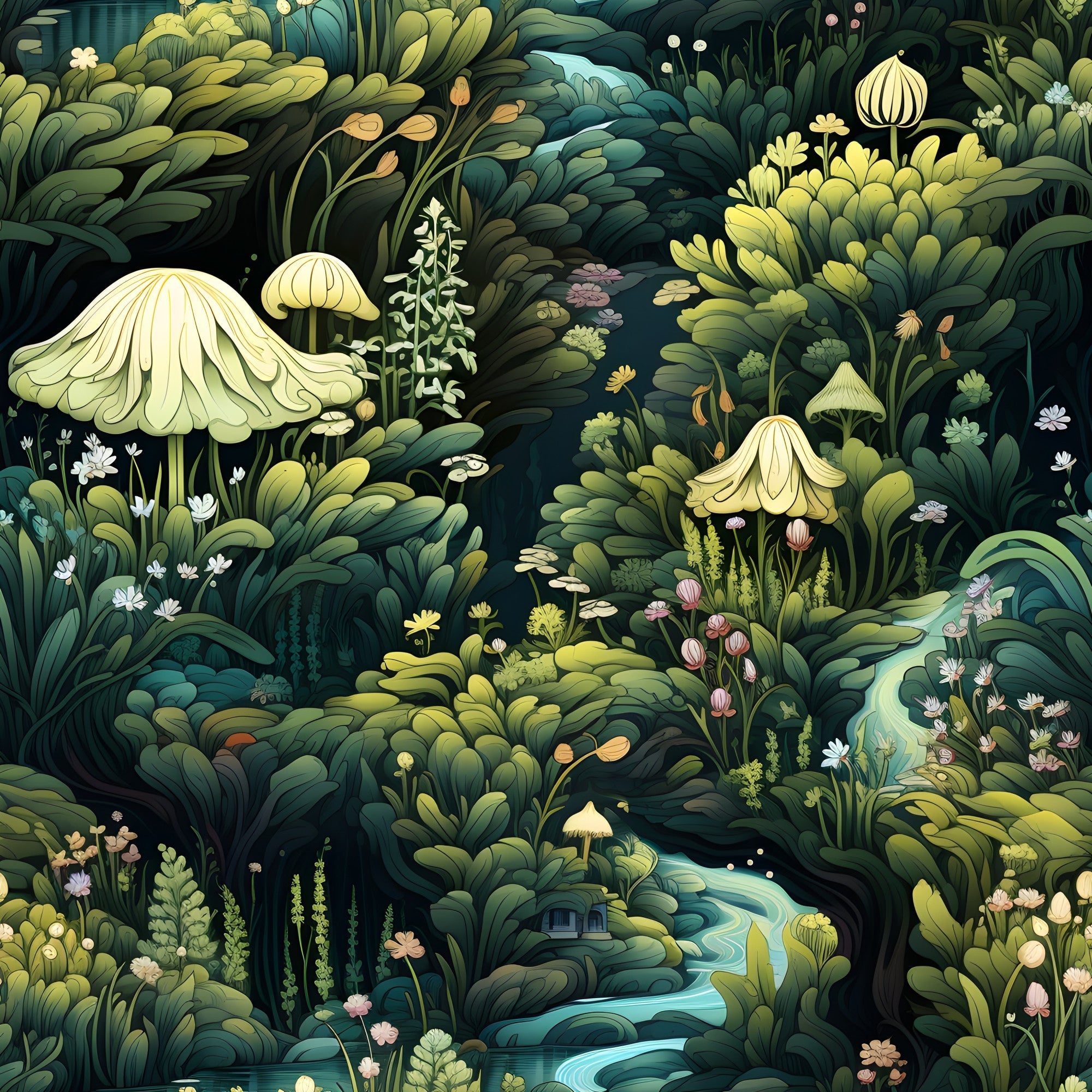 fairy garden, enchanted forest, moss green, sage green, cream mushrooms, woodland scene, whimsical illustration, nature pattern, botanical design, fantasy theme,, fabric panel, flowing stream, delicate flowers, magical atmosphere, forest floor, organic shapes, soft pastels, dreamy landscape, children's fabric