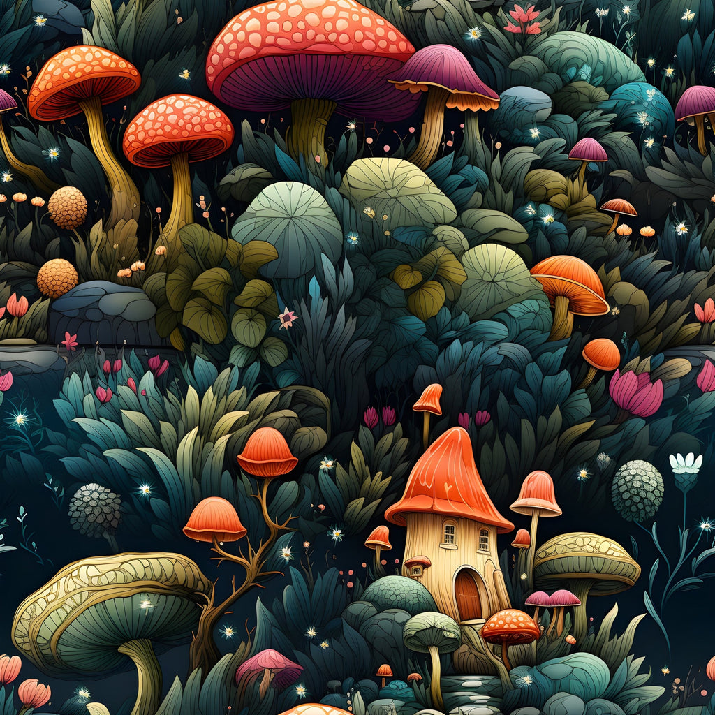 fantasy mushrooms, whimsical forest, fairy tale scene, enchanted garden, teal blue, coral orange, deep purple, sage green, spotted toadstools, mushroom house, magical flora, sparkly stars, woodland fantasy,, fabric panel, mystical atmosphere, botanical illustration, fairytale cottage, dreamy landscape, nature fantasy