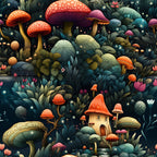 fantasy mushrooms, whimsical forest, fairy tale scene, enchanted garden, teal blue, coral orange, deep purple, sage green, spotted toadstools, mushroom house, magical flora, sparkly stars, woodland fantasy,, fabric panel, mystical atmosphere, botanical illustration, fairytale cottage, dreamy landscape, nature fantasy