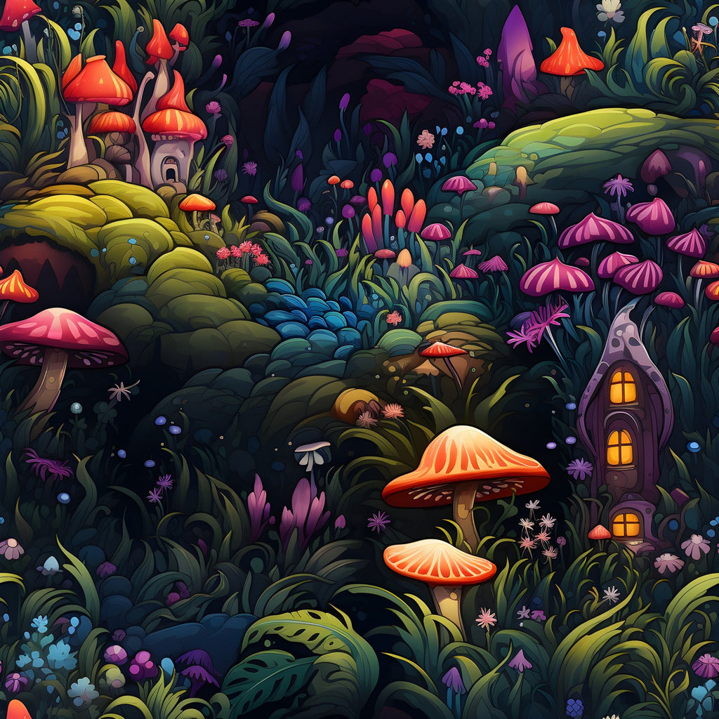 fairy garden, mushrooms, fantasy forest, enchanted woodland, vibrant colors, orange mushrooms, purple mushrooms, pink mushrooms, lush greenery, magical houses, glowing windows, whimsical illustration,, fabric panel, fantasy art, mystical scene, cottage core, nature motifs, botanical elements, fairy tale theme