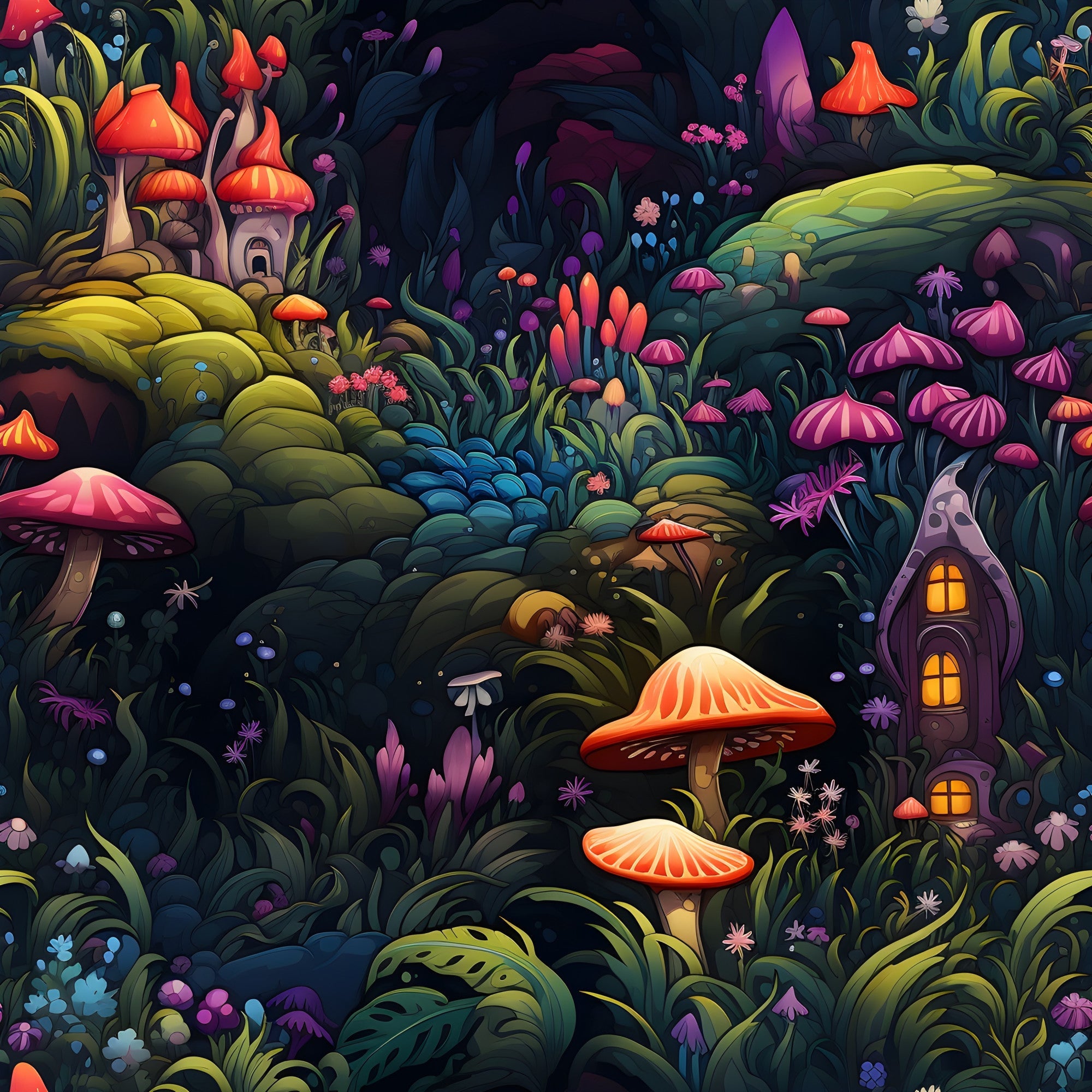 fairy garden, mushrooms, fantasy forest, enchanted woodland, vibrant colors, orange mushrooms, purple mushrooms, pink mushrooms, lush greenery, magical houses, glowing windows, whimsical illustration,, fabric panel, fantasy art, mystical scene, cottage core, nature motifs, botanical elements, fairy tale theme