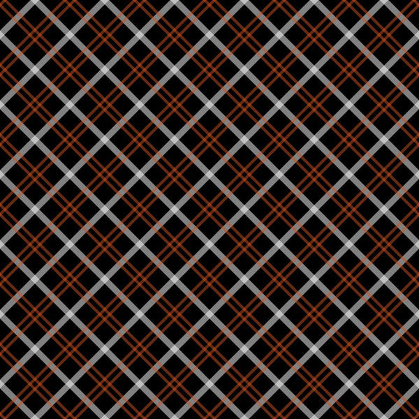 orange, black, gray, plaid pattern, diagonal stripes, crosshatch design, geometric pattern, fall colors, autumn theme,, fabric panel, intersecting lines, woven appearance, seasonal fabric, craft material, sewing fabric, repetitive pattern, angular design