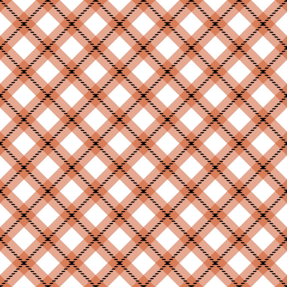 fall orange, coral pink, peach, white, black stripes, diagonal plaid, checkered pattern, crisscross design, geometric,, fabric panel, autumn colors, warm tones, intersecting lines, rope texture, seasonal fabric, craft material, patchwork suitable