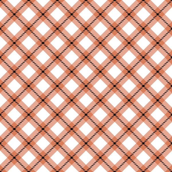 fall orange, coral pink, peach, white, black stripes, diagonal plaid, checkered pattern, crisscross design, geometric,, fabric panel, autumn colors, warm tones, intersecting lines, rope texture, seasonal fabric, craft material, patchwork suitable