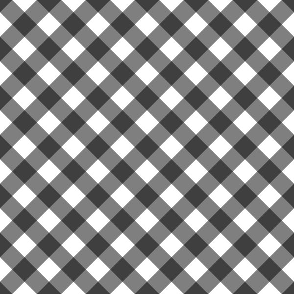 black, white, gray, charcoal, diagonal plaid, gingham check, geometric pattern, intersecting lines, monochrome, neutral tones,, fabric panel, crosshatch design, woven appearance, contrasting squares, repeating motif, craft material, sewing fabric, patchwork suitable