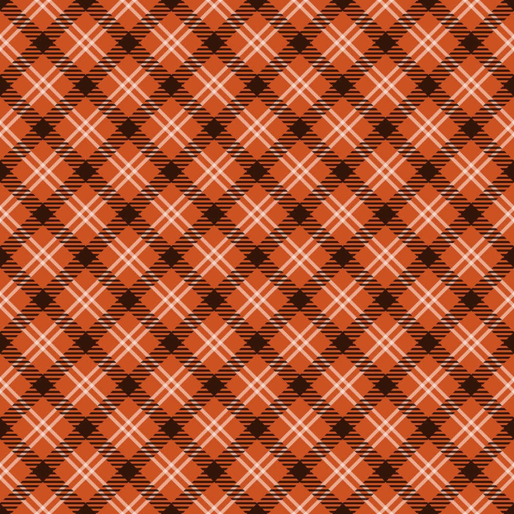 orange, rust, black, white, plaid pattern, diagonal stripes, geometric design, fall colors, autumn theme,, fabric panel, checkerboard effect, tartan style, seasonal fabric, warm tones, repeating pattern, textile design, crafting material