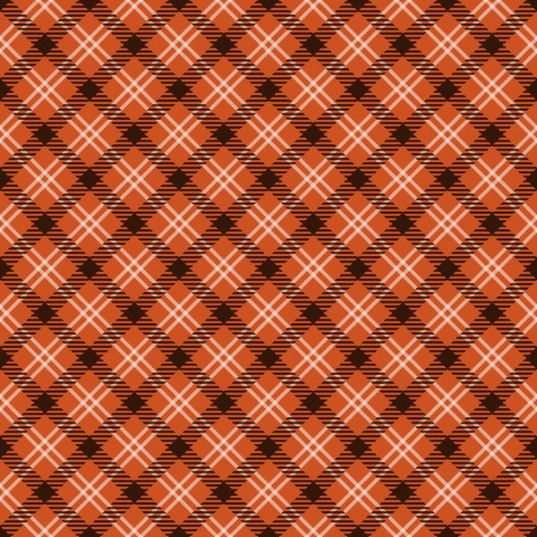 orange, rust, black, white, plaid pattern, diagonal stripes, geometric design, fall colors, autumn theme,, fabric panel, checkerboard effect, tartan style, seasonal fabric, warm tones, repeating pattern, textile design, crafting material