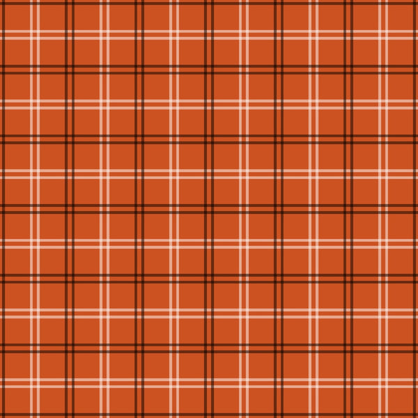 orange plaid, fall colors, autumn pattern, burnt orange, rust orange, dark brown lines, white stripes, geometric pattern, tartan design, crosshatch lines,, fabric panel, seasonal fabric, plaid weave, intersecting lines, warm colors, rustic pattern, country style, checkered design