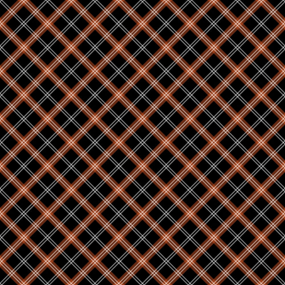 fall orange, black background, white lines, plaid pattern, diagonal stripes, crosshatch design, geometric pattern, autumn colors,, fabric panel, seasonal fabric, orange plaid, tartan style, intersecting lines, fall themed, harvest colors, craft fabric, sewing material
