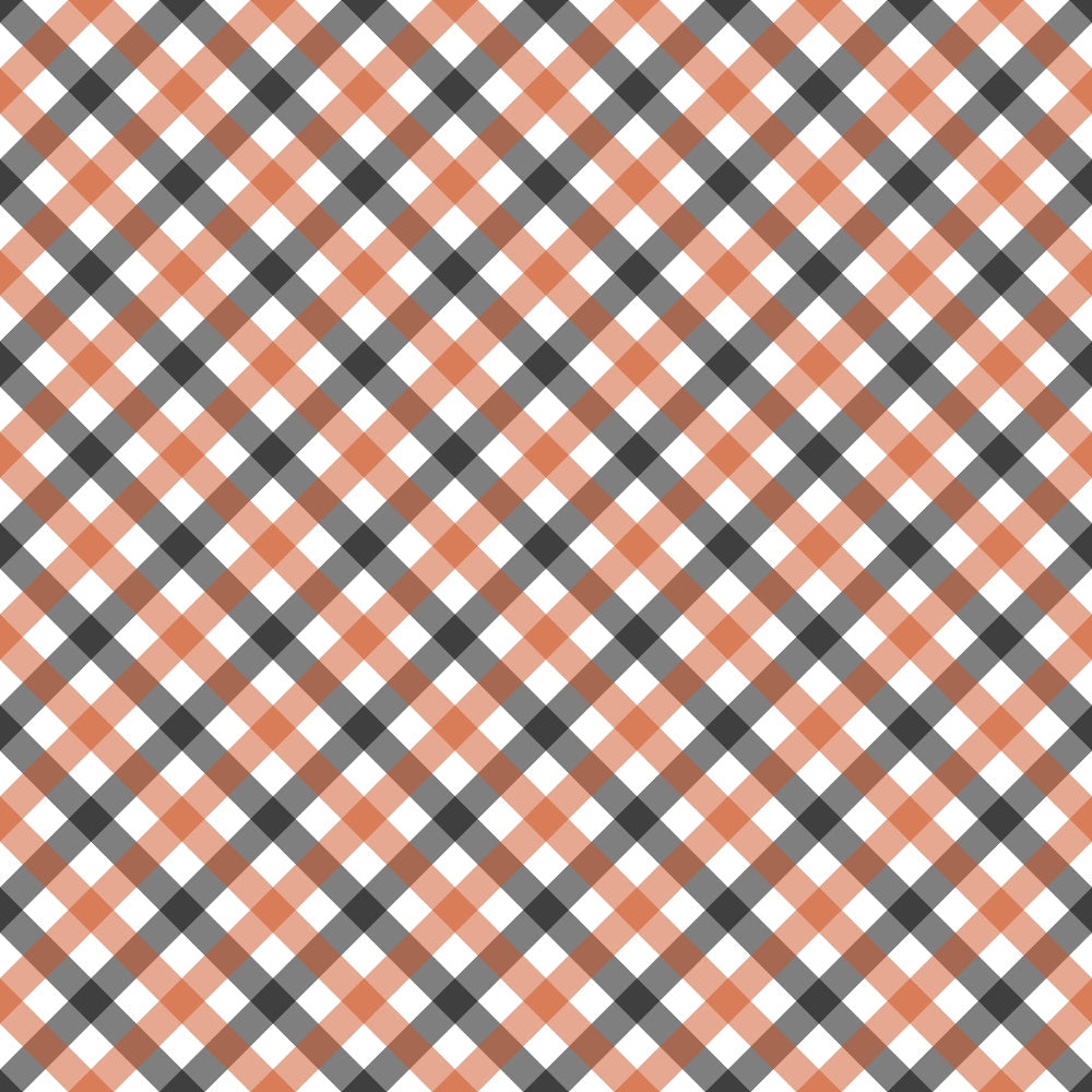 fall orange, charcoal gray, white, coral, plaid pattern, diagonal stripes, gingham, checkered design,, fabric panel, autumn colors, geometric pattern, crosshatch design, woven appearance, seasonal fabric, craft material, patchwork suitable, harvest theme, warm tones, textile design