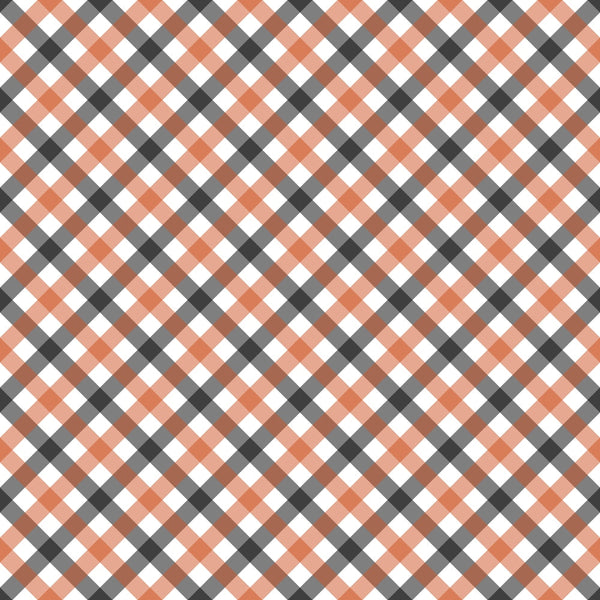 fall orange, charcoal gray, white, coral, plaid pattern, diagonal stripes, gingham, checkered design,, fabric panel, autumn colors, geometric pattern, crosshatch design, woven appearance, seasonal fabric, craft material, patchwork suitable, harvest theme, warm tones, textile design