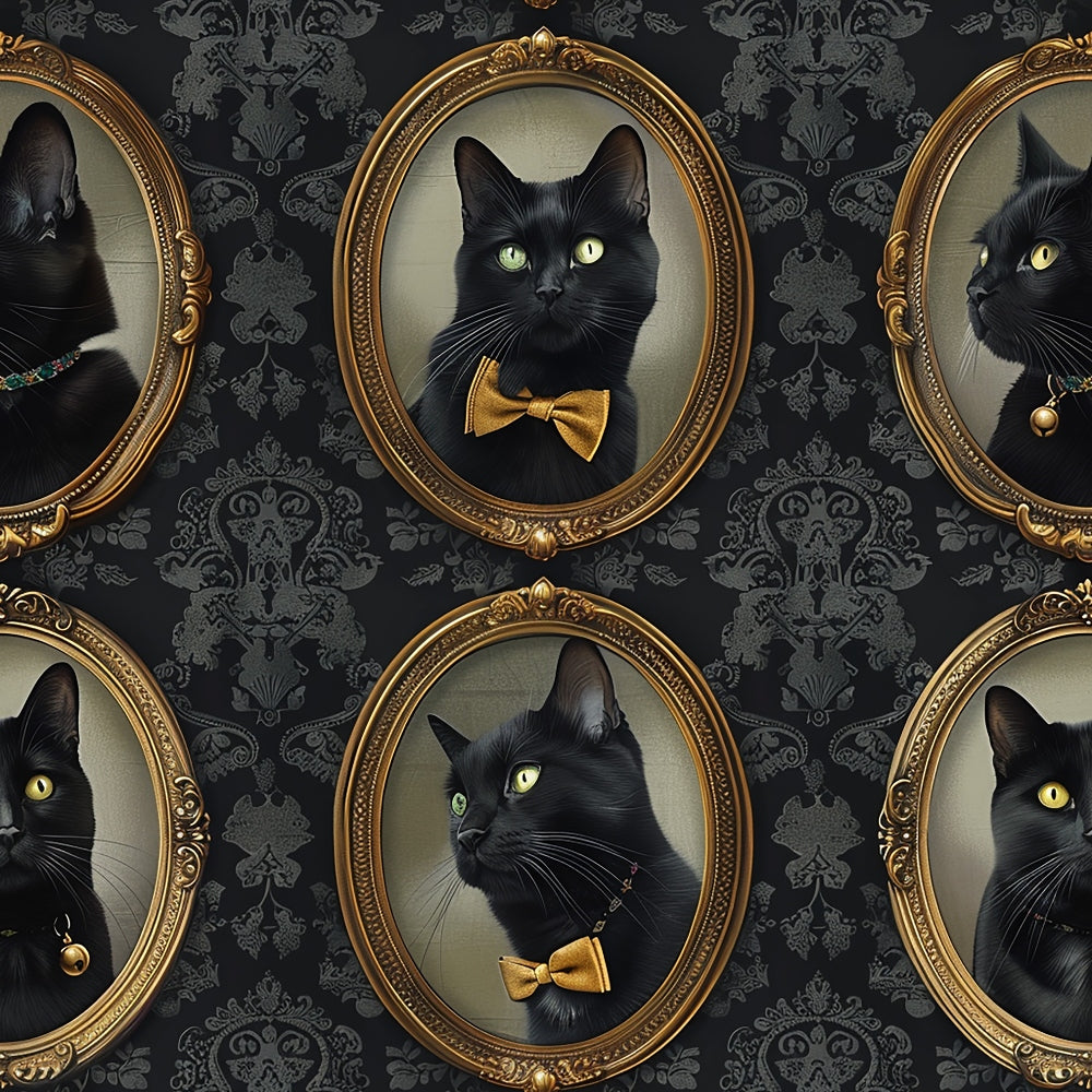 black cats, gold frames, oval portraits, bow ties, green eyes, dark gray, ornate frames, victorian style, damask wallpaper, formal portraits,, fabric panel, elegant cats, portrait gallery, sophisticated felines, gothic aesthetic, charcoal background, yellow accessories, regal cats, vintage style
