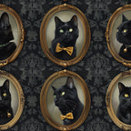 black cats, gold frames, oval portraits, bow ties, green eyes, dark gray, ornate frames, victorian style, damask wallpaper, formal portraits,, fabric panel, elegant cats, portrait gallery, sophisticated felines, gothic aesthetic, charcoal background, yellow accessories, regal cats, vintage style
