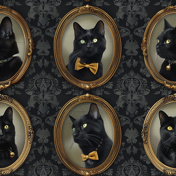 black cats, gold frames, oval portraits, bow ties, green eyes, dark gray, ornate frames, victorian style, damask wallpaper, formal portraits,, fabric panel, elegant cats, portrait gallery, sophisticated felines, gothic aesthetic, charcoal background, yellow accessories, regal cats, vintage style