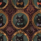 black cats, ornate frames, bow ties, formal portraits, vintage wallpaper, damask pattern, gold frames, burgundy background, green backdrop,, fabric panel, victorian style, elegant cats, portrait gallery, decorative frames, formal wear, sophisticated felines, repeating pattern, ornamental design, regal atmosphere