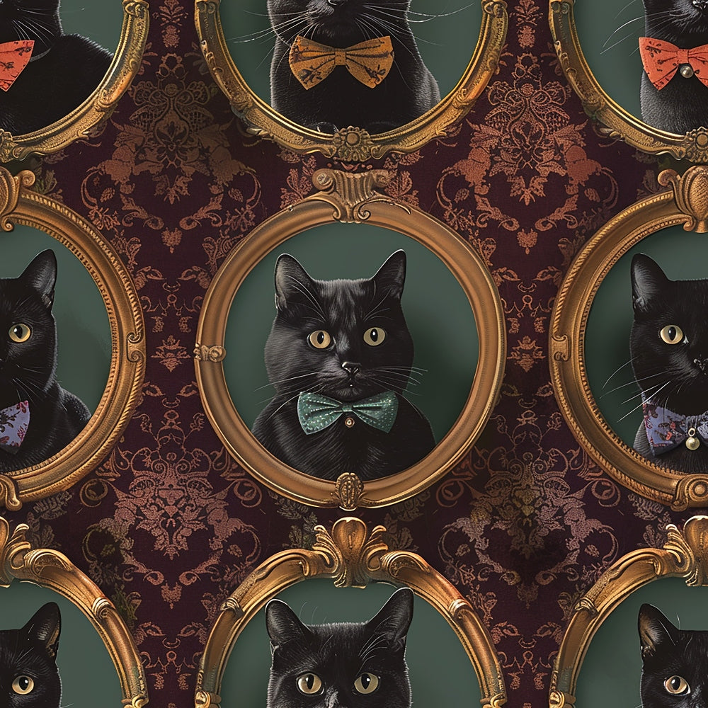 black cats, ornate frames, bow ties, formal portraits, vintage wallpaper, damask pattern, gold frames, burgundy background, green backdrop,, fabric panel, victorian style, elegant cats, portrait gallery, decorative frames, formal wear, sophisticated felines, repeating pattern, ornamental design, regal atmosphere