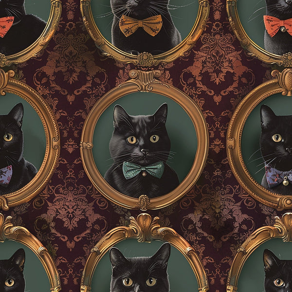 black cats, ornate frames, bow ties, formal portraits, vintage wallpaper, damask pattern, gold frames, burgundy background, green backdrop,, fabric panel, victorian style, elegant cats, portrait gallery, decorative frames, formal wear, sophisticated felines, repeating pattern, ornamental design, regal atmosphere