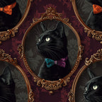 black cats, ornate frames, burgundy, maroon, gold accents, baroque style, bow ties, green eyes, vintage portraits, decorative mirrors, gothic elegance,, fabric panel, dark academia, sophisticated felines, ornamental borders, rich jewel tones, formal portraiture, luxurious design, victorian inspired