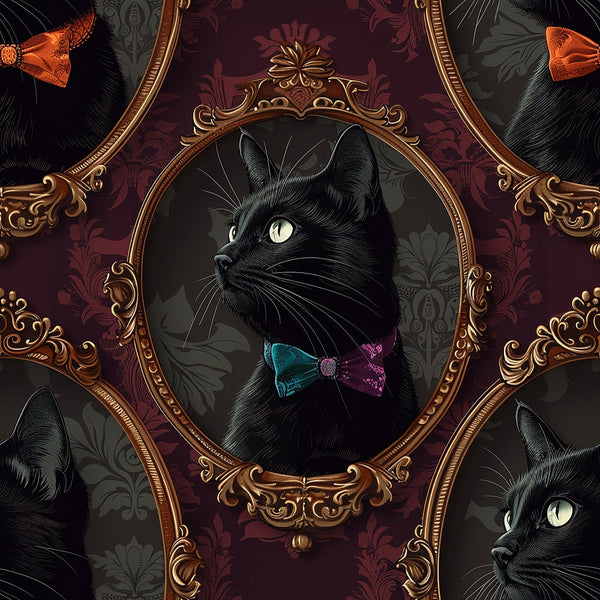 black cats, ornate frames, burgundy, maroon, gold accents, baroque style, bow ties, green eyes, vintage portraits, decorative mirrors, gothic elegance,, fabric panel, dark academia, sophisticated felines, ornamental borders, rich jewel tones, formal portraiture, luxurious design, victorian inspired