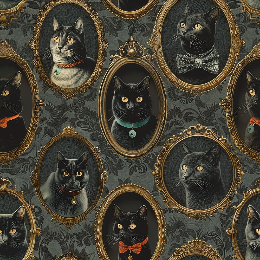 cat portraits, feline faces, ornate frames, gold frames, vintage style, black cats, tabby cats, decorative collars, bow ties, amber eyes, dark green background, damask pattern, baroque frames,, fabric panel, victorian style, formal portraits, elegant cats, antique frames, sophisticated design