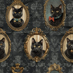 black cats, ornate frames, gold frames, victorian portraits, bow ties, formal wear, damask wallpaper, dark gray background, vintage style, elegant cats,, fabric panel, portrait gallery, fancy felines, yellow eyes, decorative frames, sophisticated cats, formal portraits, gothic elegance, cat faces