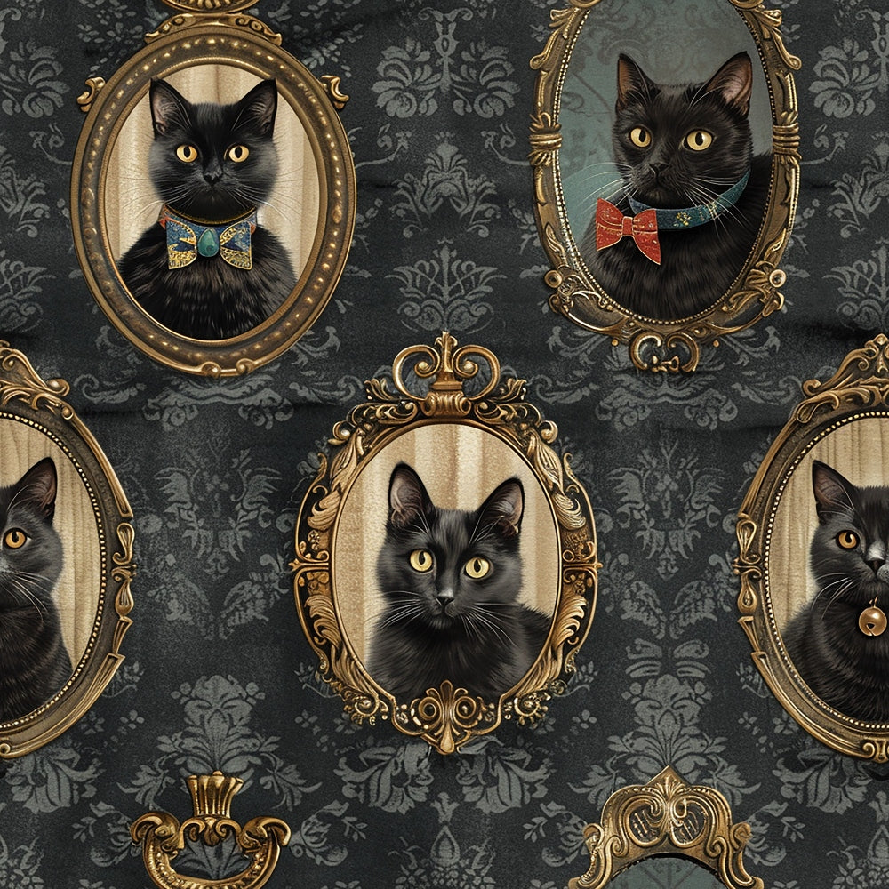 black cats, ornate frames, gold frames, victorian portraits, bow ties, formal wear, damask wallpaper, dark gray background, vintage style, elegant cats,, fabric panel, portrait gallery, fancy felines, yellow eyes, decorative frames, sophisticated cats, formal portraits, gothic elegance, cat faces