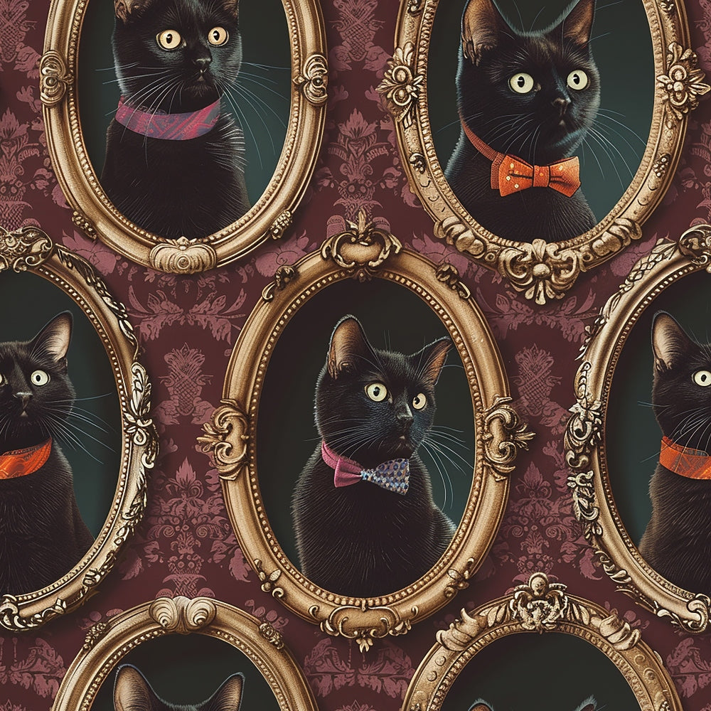 black cats, ornate frames, burgundy background, gold frames, bow ties, victorian style, formal portraits,, fabric panel, damask wallpaper, elegant felines, portrait gallery, vintage inspired, rich colors, decorative frames, fancy cats, formal wear, antique style, pet portraits