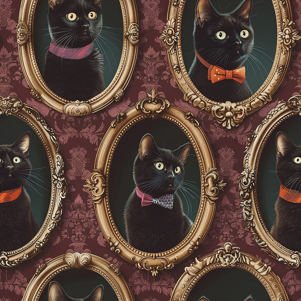 black cats, ornate frames, burgundy background, gold frames, bow ties, victorian style, formal portraits,, fabric panel, damask wallpaper, elegant felines, portrait gallery, vintage inspired, rich colors, decorative frames, fancy cats, formal wear, antique style, pet portraits