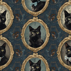 black cats, ornate frames, gold frames, baroque style, dark blue background, green eyes, cat portraits, bow ties, squirrel motifs, vintage style,, fabric panel, elegant design, formal portraits, dark teal, antique frames, feline faces, decorative pattern, victorian style, regal cats