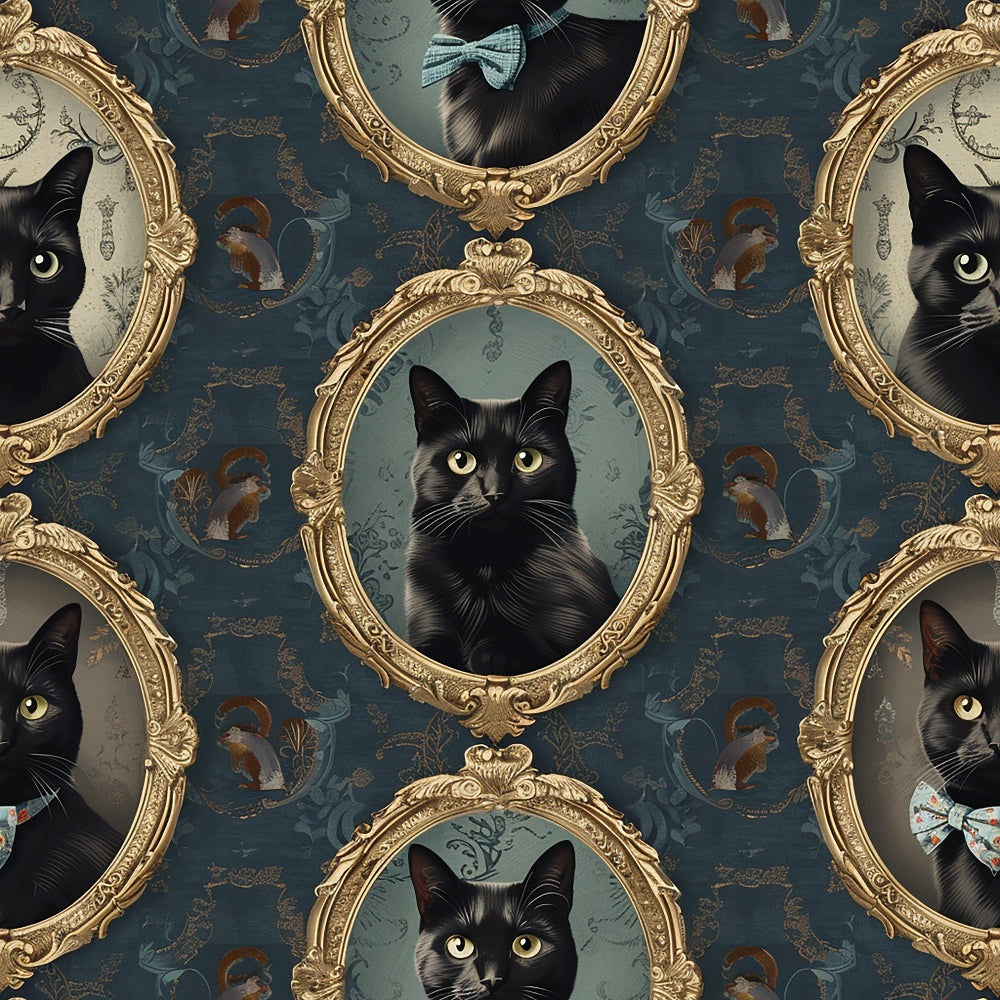 black cats, ornate frames, gold frames, baroque style, dark blue background, green eyes, cat portraits, bow ties, squirrel motifs, vintage style,, fabric panel, elegant design, formal portraits, dark teal, antique frames, feline faces, decorative pattern, victorian style, regal cats