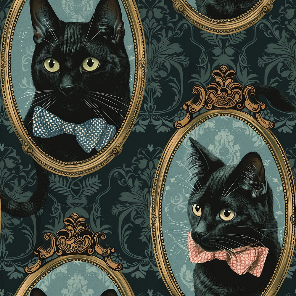 fabric panel, black cats, portrait frames, ornate frames, gold frames, bow ties, victorian style, dark green, teal background, damask pattern, fancy cats, elegant cats, yellow eyes, decorative wallpaper, antique style, regal cats, formal portraits, vintage inspired, sophisticated design