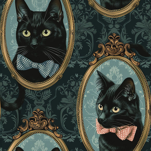 fabric panel, black cats, portrait frames, ornate frames, gold frames, bow ties, victorian style, dark green, teal background, damask pattern, fancy cats, elegant cats, yellow eyes, decorative wallpaper, antique style, regal cats, formal portraits, vintage inspired, sophisticated design