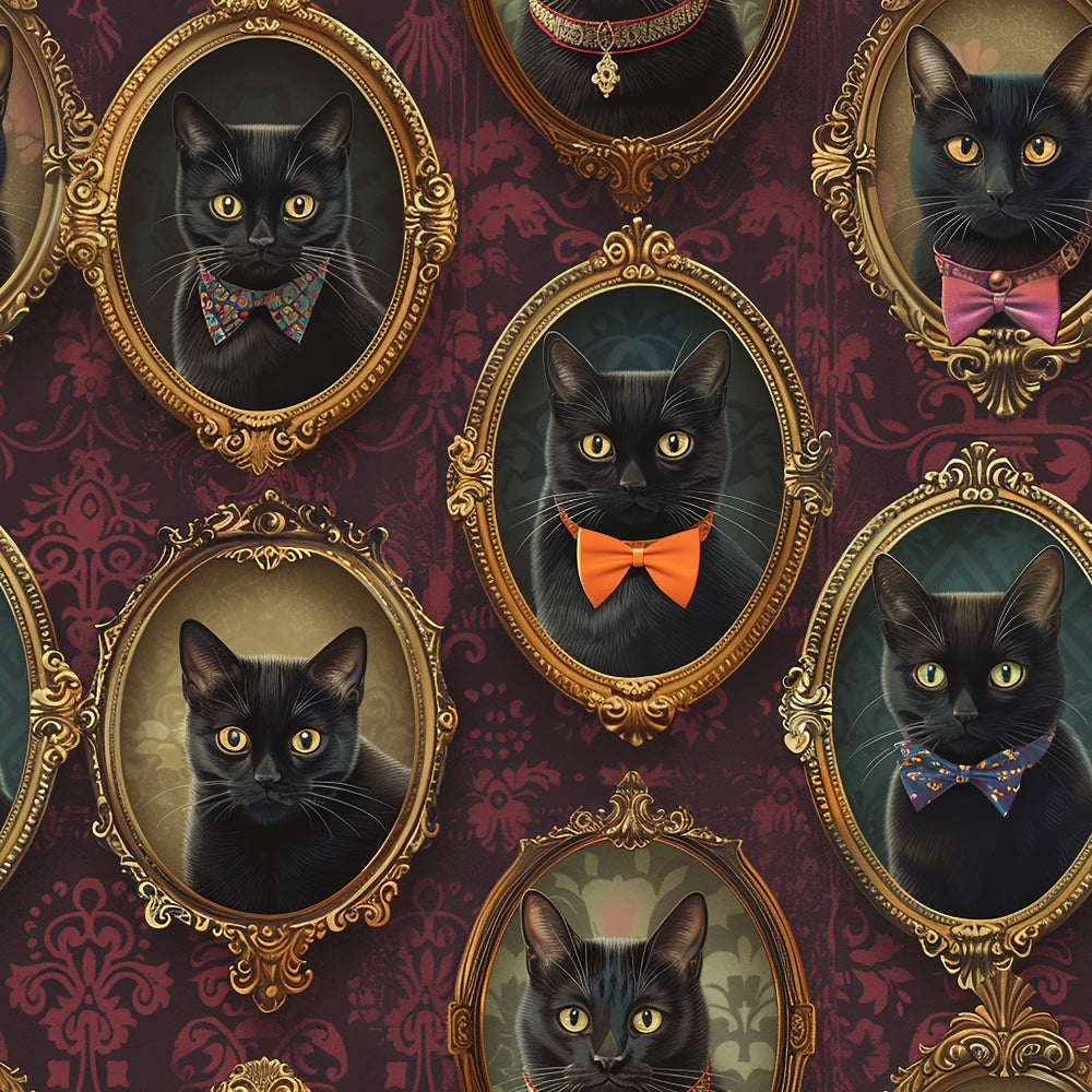 black cats, gold frames, burgundy background, ornate portraits, bow ties, formal attire, victorian style, elegant felines,, fabric panel, damask wallpaper, amber eyes, portrait gallery, sophisticated cats, decorative frames, rich colors, formal portraits, whimsical design, cotton fabric, quilting material