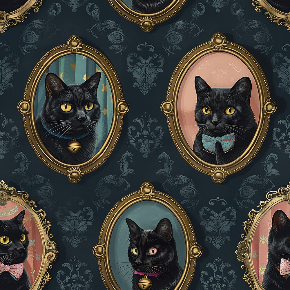 black cats, gold frames, ornate portraits, yellow eyes, bow ties, bells, dark navy background, damask pattern, vintage style,, fabric panel, decorative collars, oval frames, antique aesthetic, feline portraits, pet portraits, sophisticated cats, baroque frames, repeating pattern, whimsical design