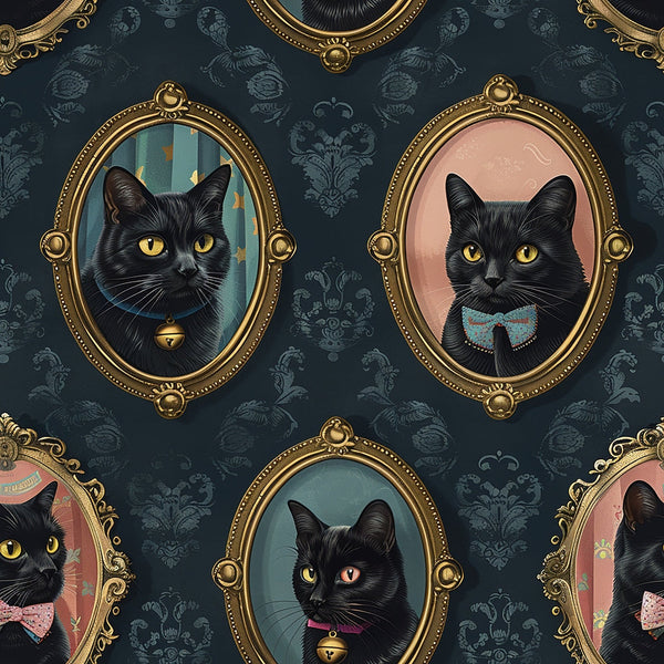 black cats, gold frames, ornate portraits, yellow eyes, bow ties, bells, dark navy background, damask pattern, vintage style,, fabric panel, decorative collars, oval frames, antique aesthetic, feline portraits, pet portraits, sophisticated cats, baroque frames, repeating pattern, whimsical design