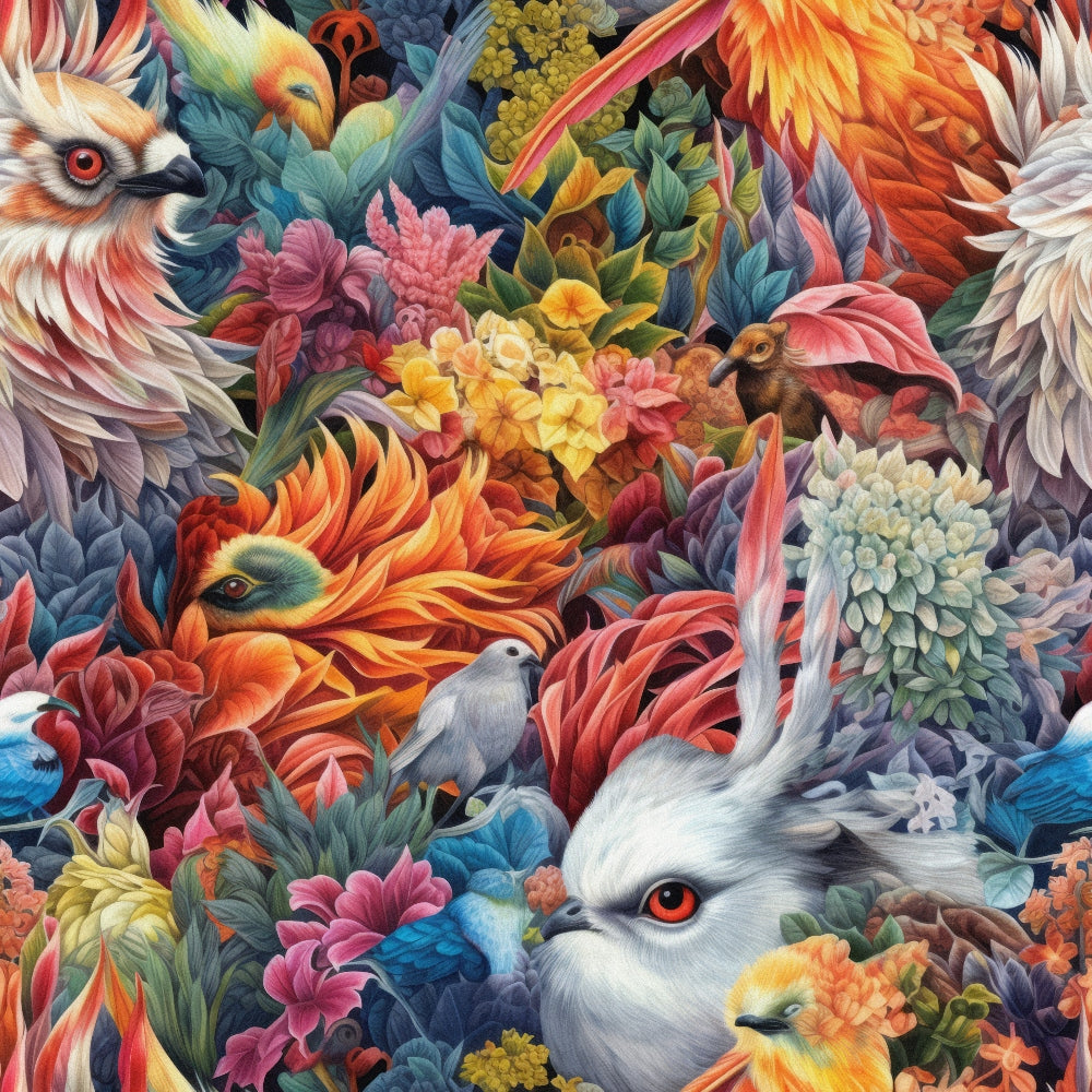 vibrant colors, tropical birds, exotic animals, floral motifs, red orange, turquoise blue, pink purple, yellow gold, white gray,, fabric panel, fantasy creatures, detailed illustration, lush foliage, colorful feathers, ornate patterns, artistic design, nature theme, decorative fabric