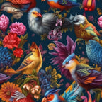 vibrant birds, exotic parrots, colorful plumage, floral blooms, deep navy background, pink flowers, orange accents, blue feathers, rainbow colors, tropical birds, botanical elements,, fabric panel, whimsical illustration, nature motif, bright hues, detailed artwork, jewel tones, fantasy creatures, ornate pattern