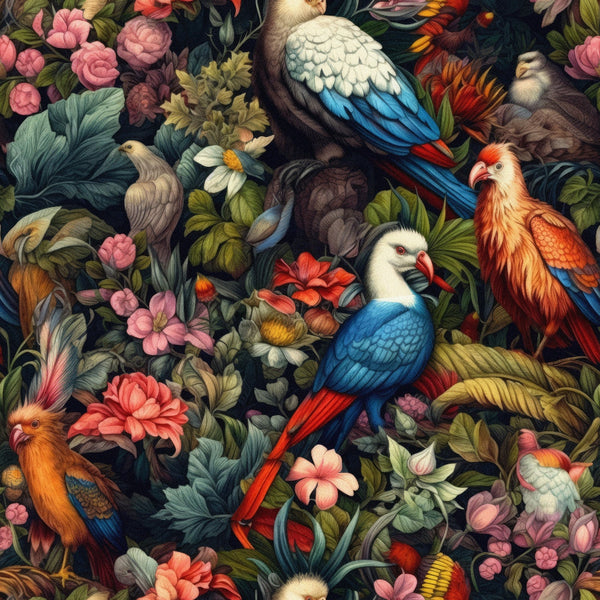 tropical birds, exotic parrots, vibrant florals, lush foliage, teal blue, coral pink, emerald green, orange accents, red flowers, botanical paradise, jungle motif, colorful plumage, tropical leaves, floral blooms,, fabric panel, nature inspired, rainforest theme, detailed illustration, rich colors