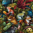 jungle animals, tropical foliage, vibrant colors, emerald green, coral red, turquoise blue, golden yellow, small mammals, rodents, exotic plants, lush vegetation, detailed illustration, naturalistic art,, fabric panel, wildlife scene, botanical elements, rich textures, fantasy creatures, woodland animals