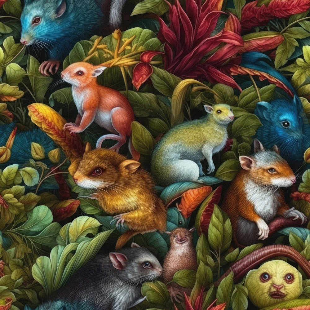 jungle animals, tropical foliage, vibrant colors, emerald green, coral red, turquoise blue, golden yellow, small mammals, rodents, exotic plants, lush vegetation, detailed illustration, naturalistic art,, fabric panel, wildlife scene, botanical elements, rich textures, fantasy creatures, woodland animals